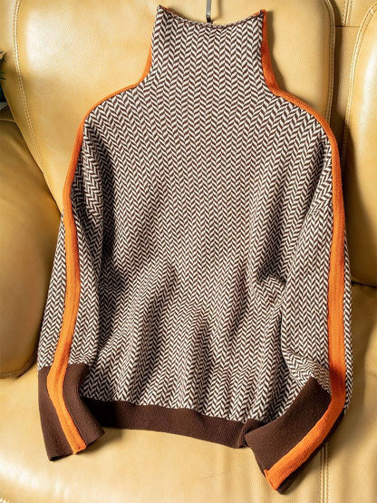 Clemence - Suave Suéter de Cuello Alto con Rayas Contrastantes