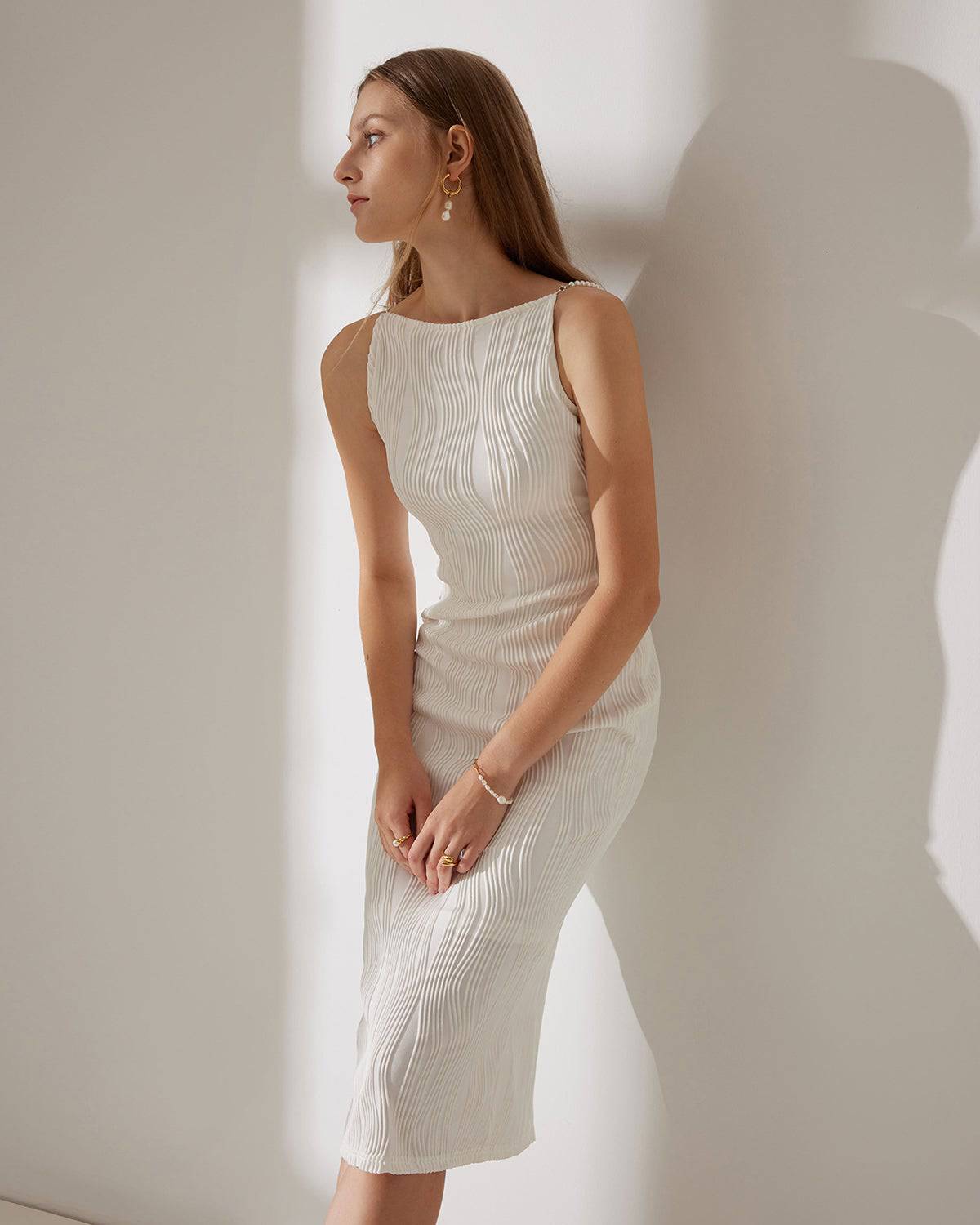 Mireille - Vestido Midi de Tirantes de Perlas con Textura Ripple