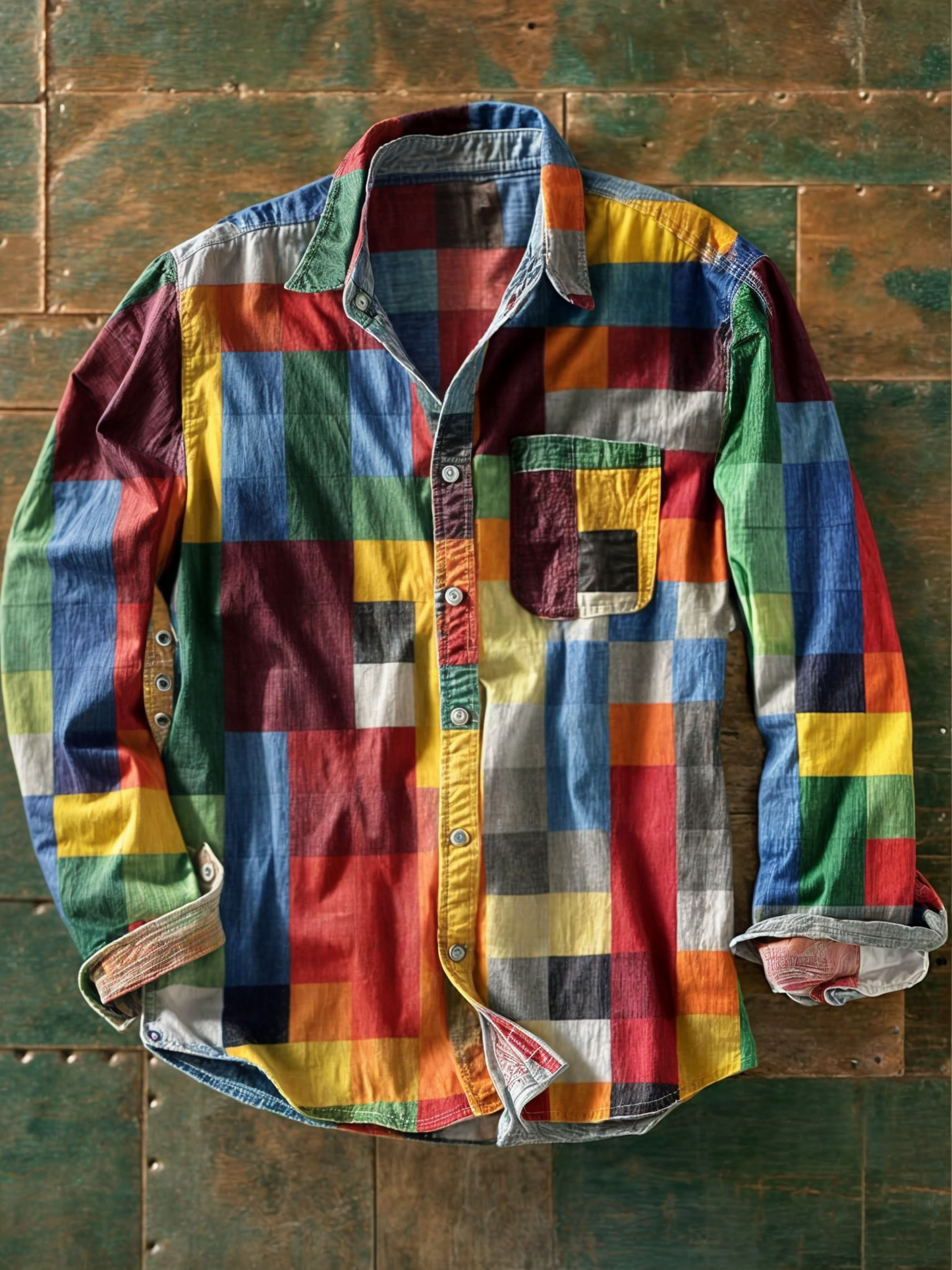 Camisa de Patchwork — Diseño de Bloques de Color Audaz