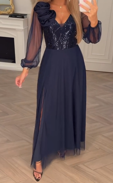 Vestido Elegante - Duradero Vestido con Mangas de Encaje, Lentejuelas y Adornos Florales