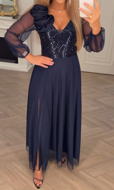 Vestido Elegante - Duradero Vestido con Mangas de Encaje, Lentejuelas y Adornos Florales