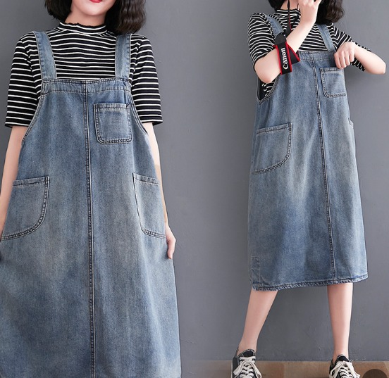 Deniève — Vestido de Peto de Denim de Largo Completo