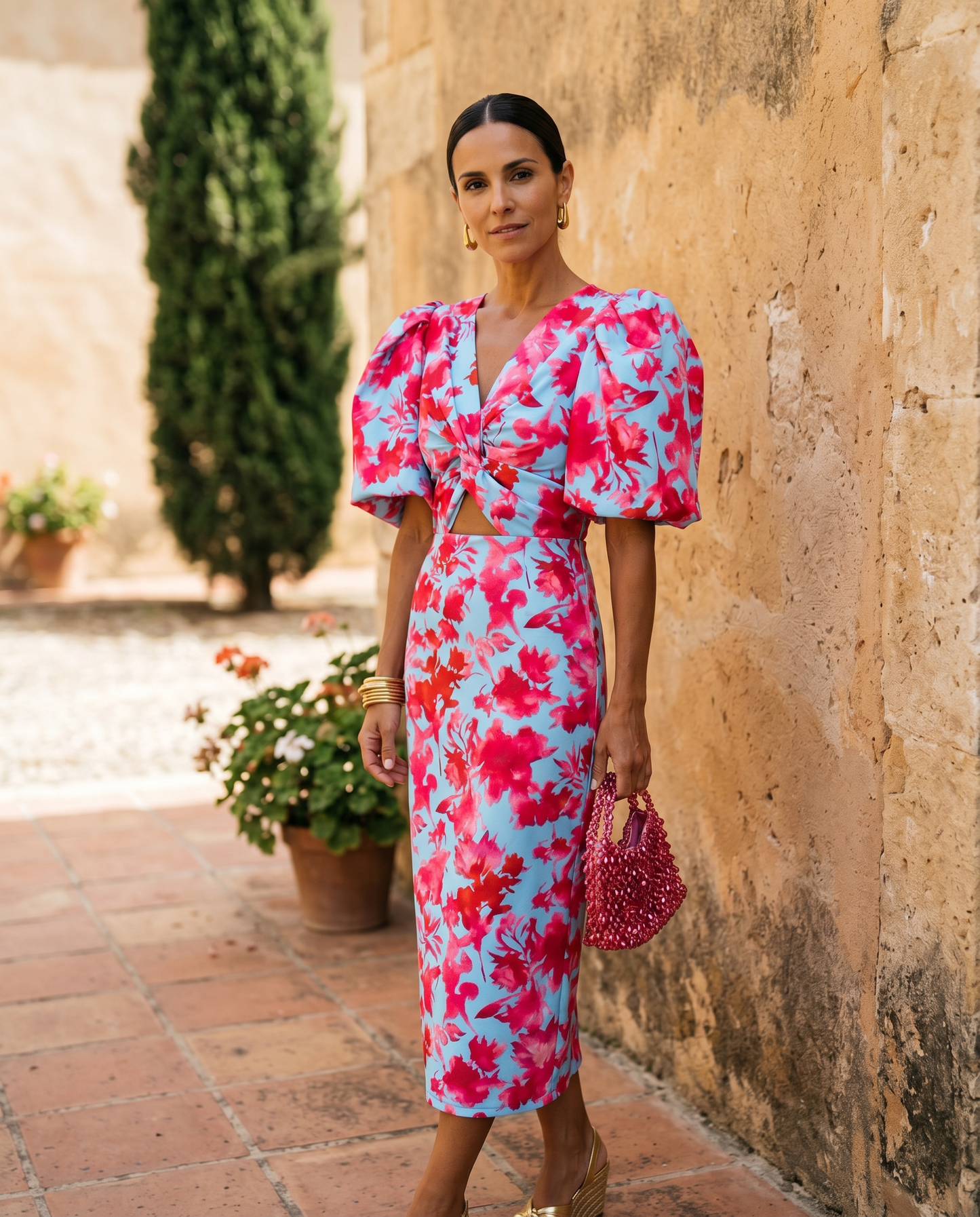 Carla  —  Vestido Midi con Mangas Abullonadas Impresas