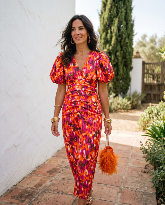Carla  —  Vestido Midi con Mangas Abullonadas Impresas