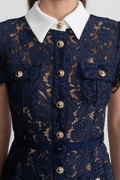 Darivène — Vestido Midi de Encaje Floral con Cinturón en Azul Marino