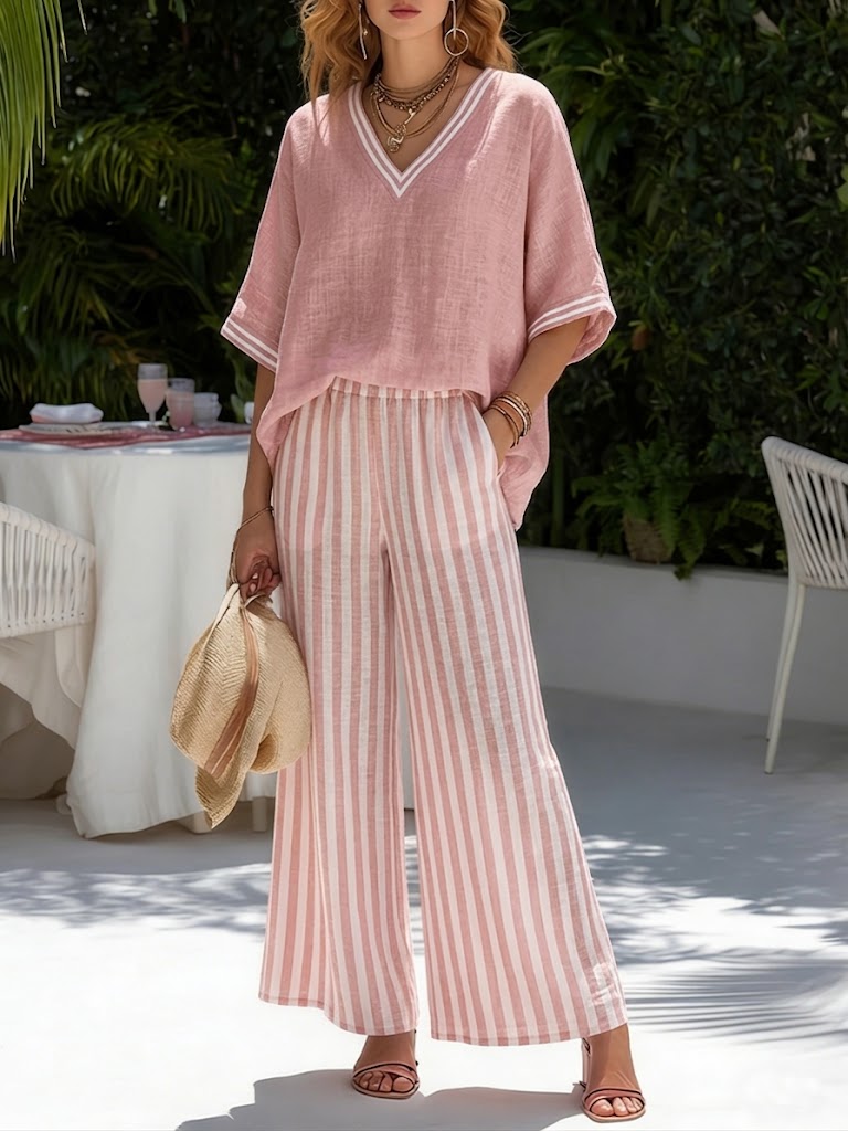 Conjunto Elegante de Lino y Algodón a Rayas Amelia