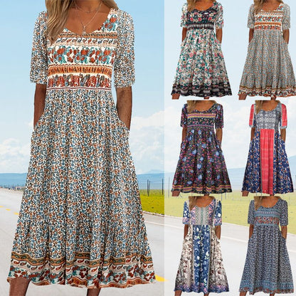 Bohème — Vestido midi de algodón impreso con mangas cortas