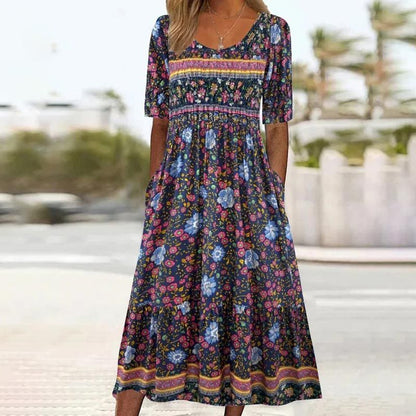 Bohème — Vestido midi de algodón impreso con mangas cortas