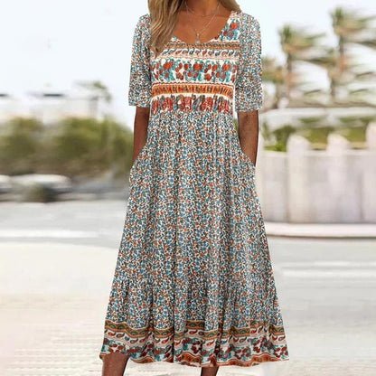 Bohème — Vestido midi de algodón impreso con mangas cortas