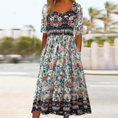 Bohème — Vestido midi de algodón impreso con mangas cortas
