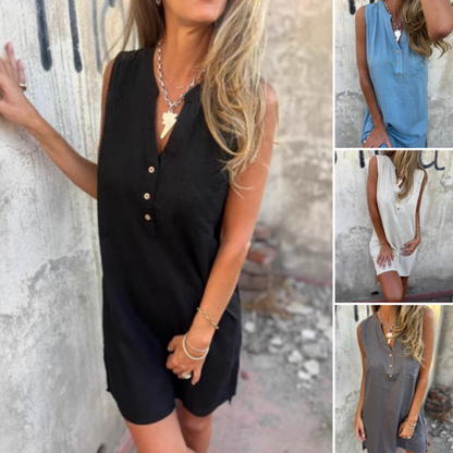 Vestido sin mangas con escote en V, botones y bolsillos para mujeres - Halagador