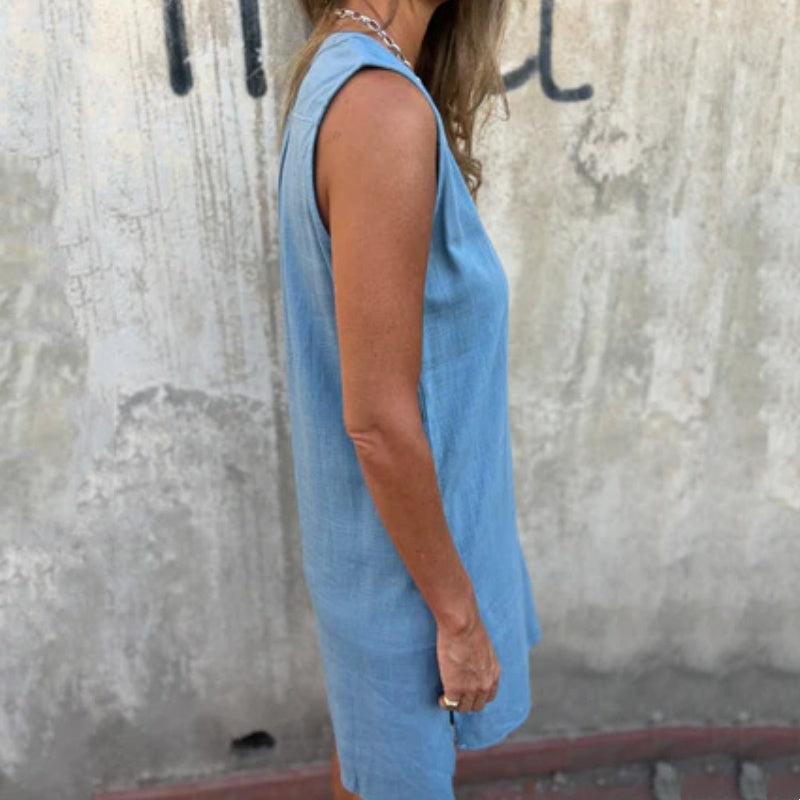 Vestido sin mangas con escote en V, botones y bolsillos para mujeres - Halagador