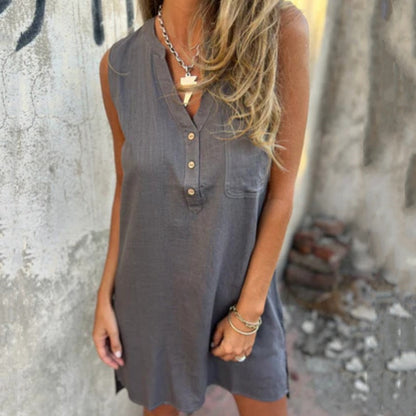 Vestido sin mangas con escote en V, botones y bolsillos para mujeres - Halagador