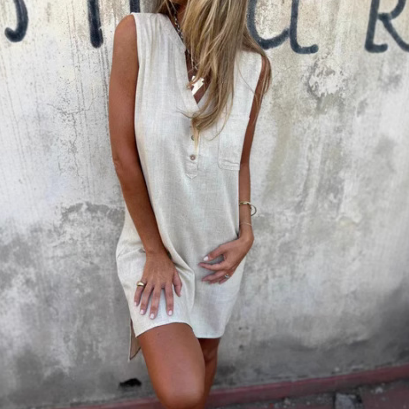 Vestido sin mangas con escote en V, botones y bolsillos para mujeres - Halagador
