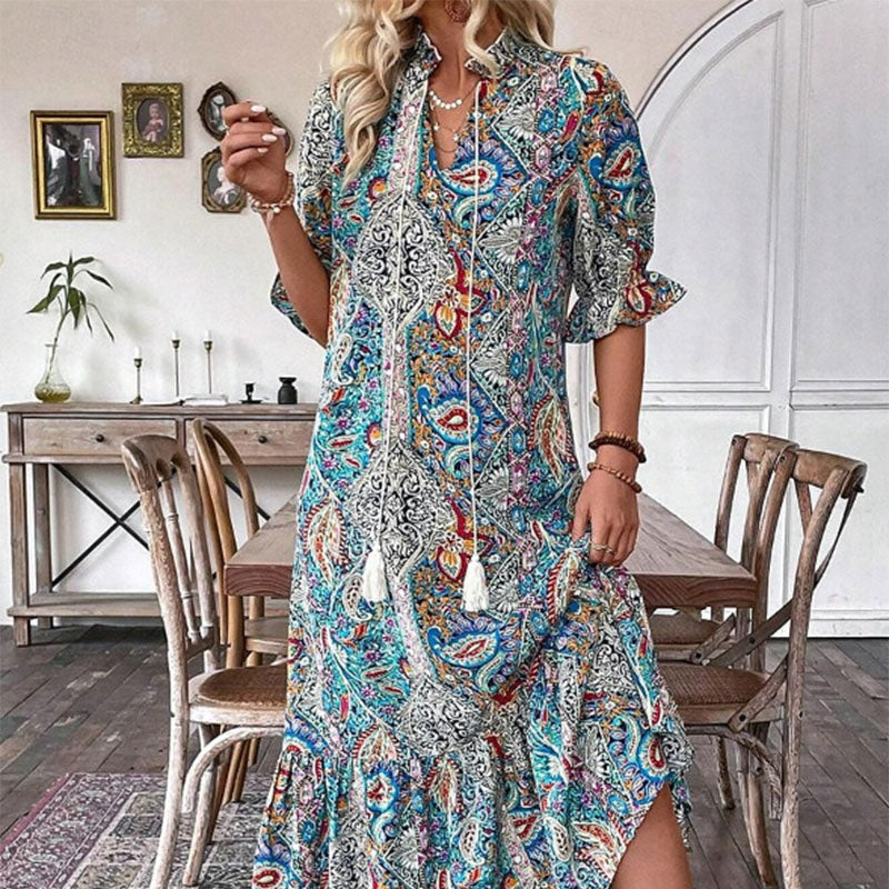 Étnico — Vestido Flowy de Verano con Escote en V