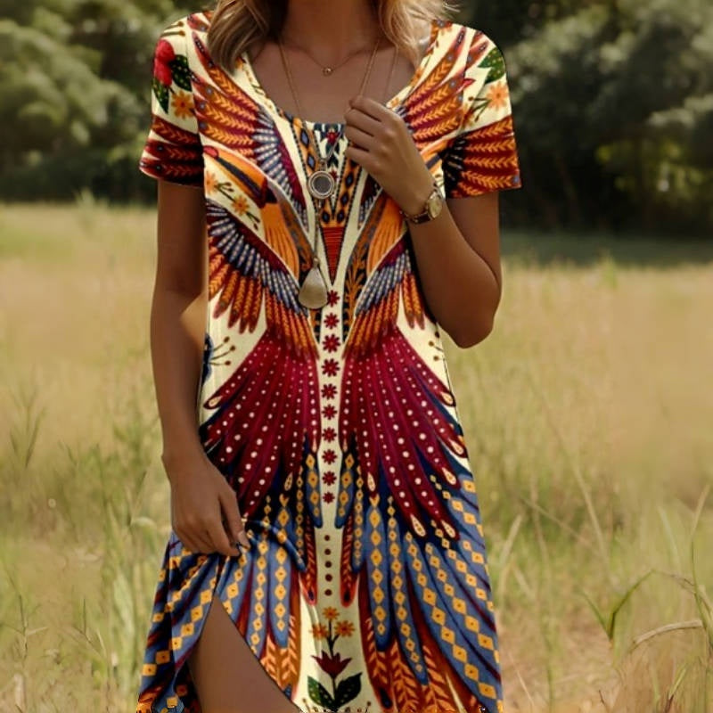 Solène — Vestido Mini de Impresión de Plumas Bohemio