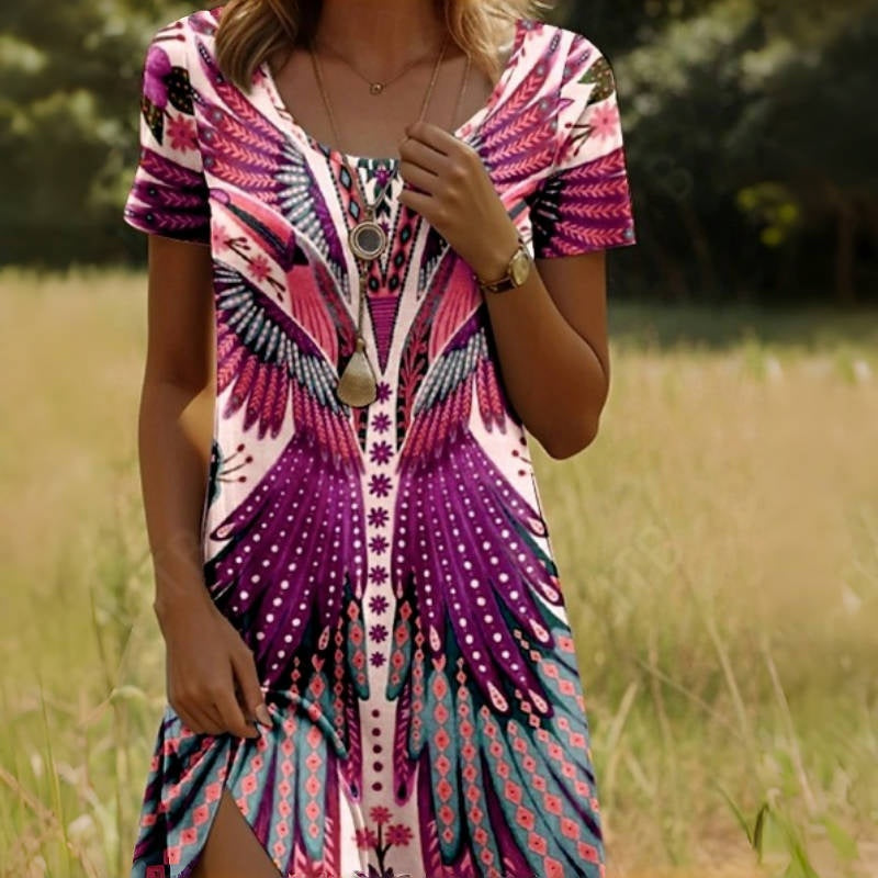 Solène — Vestido Mini de Impresión de Plumas Bohemio