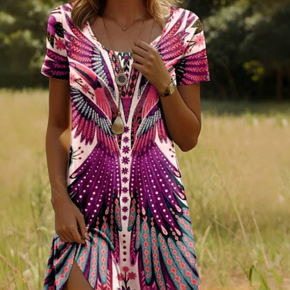 Solène — Vestido Mini de Impresión de Plumas Bohemio