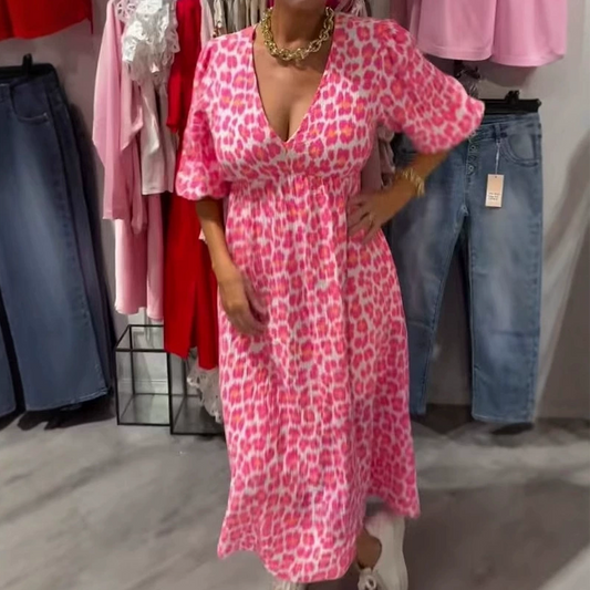 Valerie — Vestido midi ajustado con escote en V y estampado de pinceladas