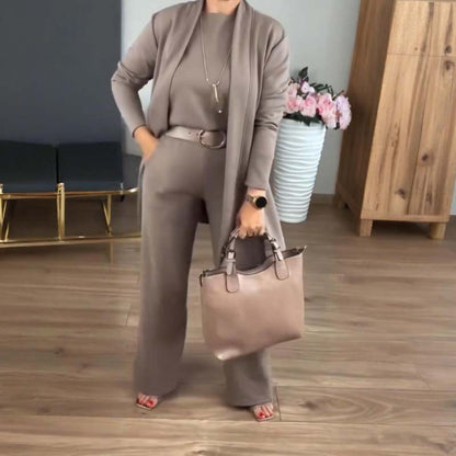Conjunto Elegante de 3 Piezas - Cómodo Cárdigan Largo, Top y Pantalones