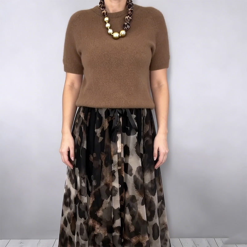 Conjunto Completo de Dos Piezas - Elegante Top y Falda Fluida con Estampado de Leopardo