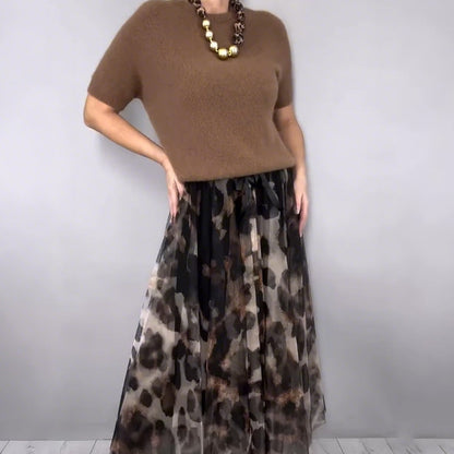 Conjunto Completo de Dos Piezas - Elegante Top y Falda Fluida con Estampado de Leopardo