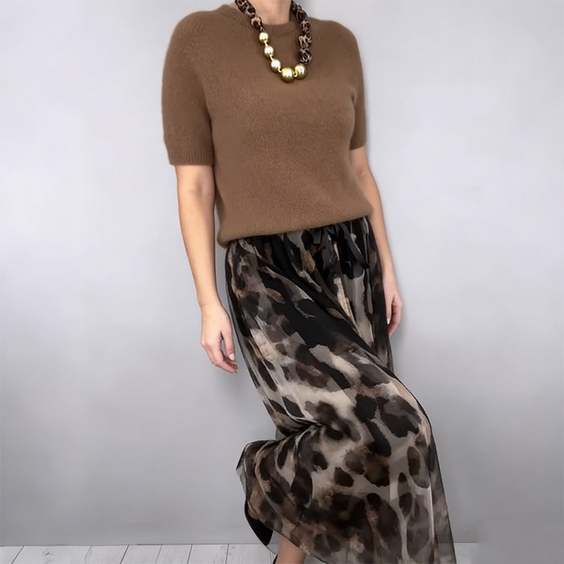 Conjunto Completo de Dos Piezas - Elegante Top y Falda Fluida con Estampado de Leopardo