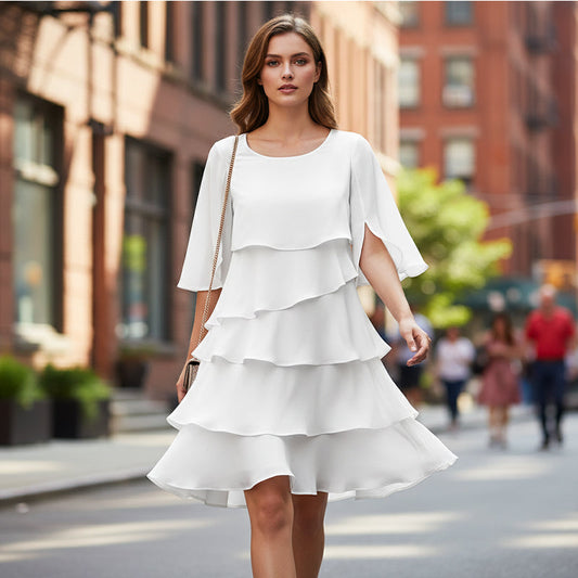 Cascelle  —  Vestido midi de gasa con capas y volantes de cuello redondo