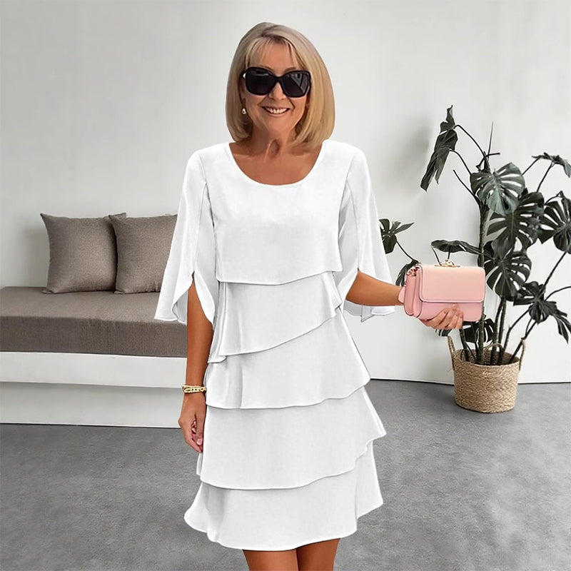Cascelle  —  Vestido midi de gasa con capas y volantes de cuello redondo