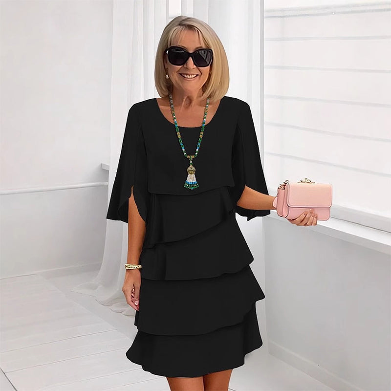 Cascelle  —  Vestido midi de gasa con capas y volantes de cuello redondo