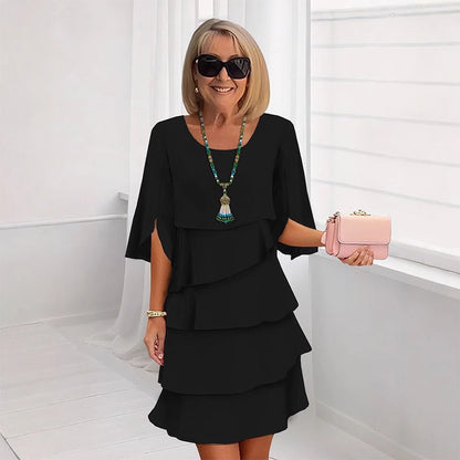 Cascelle  —  Vestido midi de gasa con capas y volantes de cuello redondo