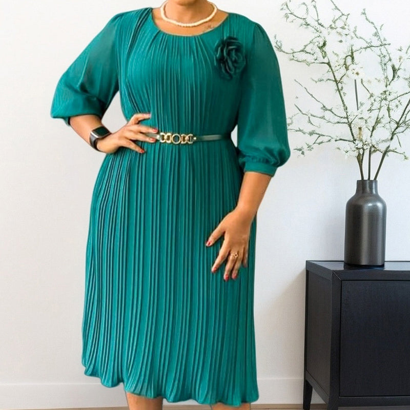 Plisé — Vestido midi plisado con cinturón y mangas 3/4