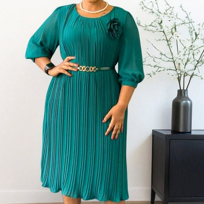 Plisé — Vestido midi plisado con cinturón y mangas 3/4