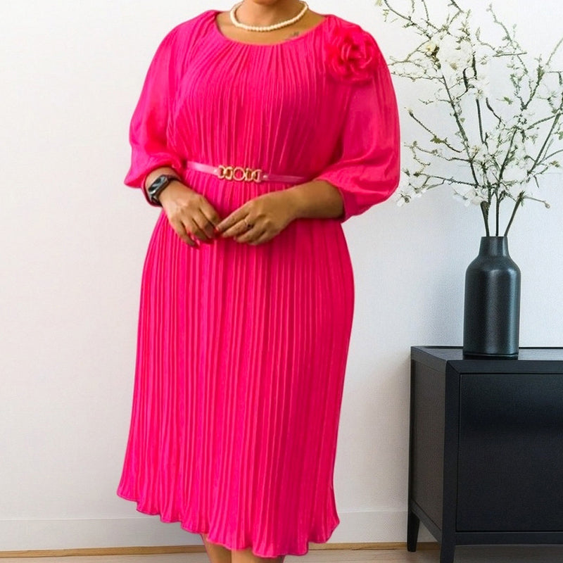 Plisé — Vestido midi plisado con cinturón y mangas 3/4