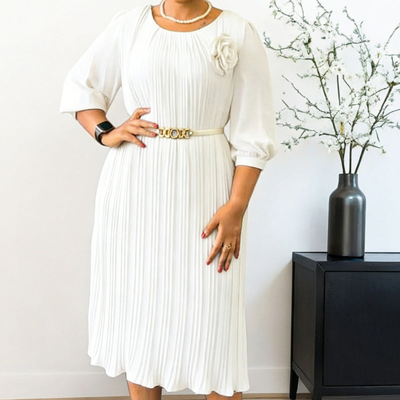 Plisé — Vestido midi plisado con cinturón y mangas 3/4