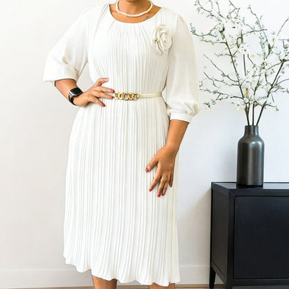 Plisé — Vestido midi plisado con cinturón y mangas 3/4