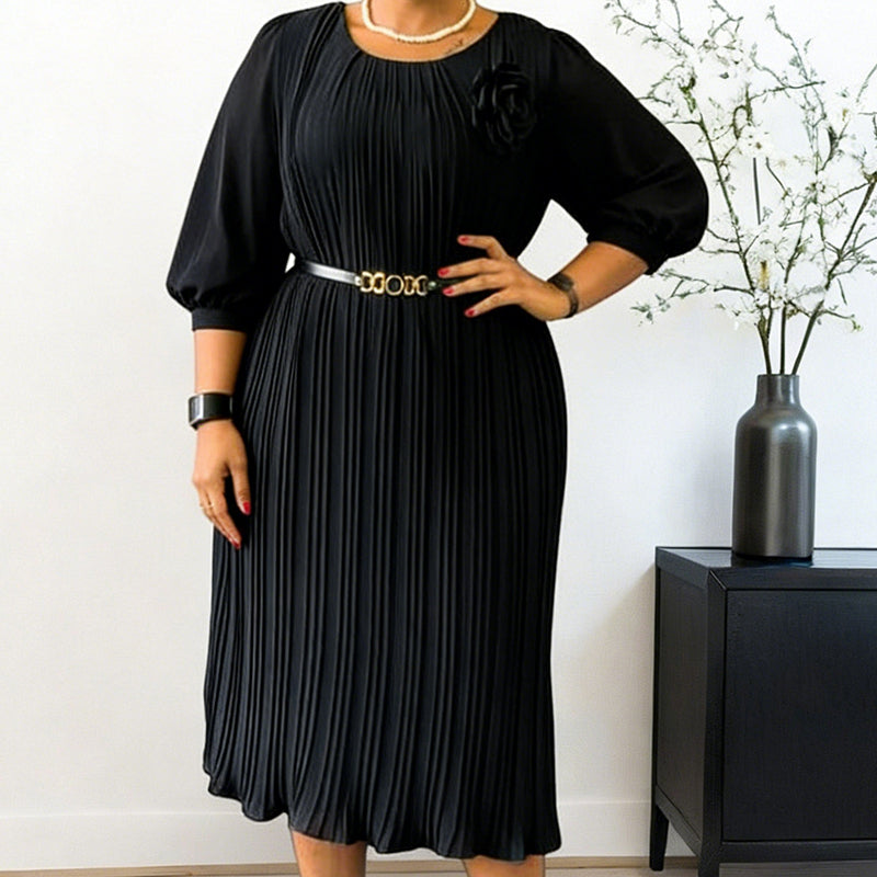 Plisé — Vestido midi plisado con cinturón y mangas 3/4