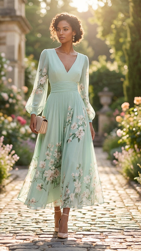 Florenne — Vestido Largo de Manga Larga Plisado para Mujeres